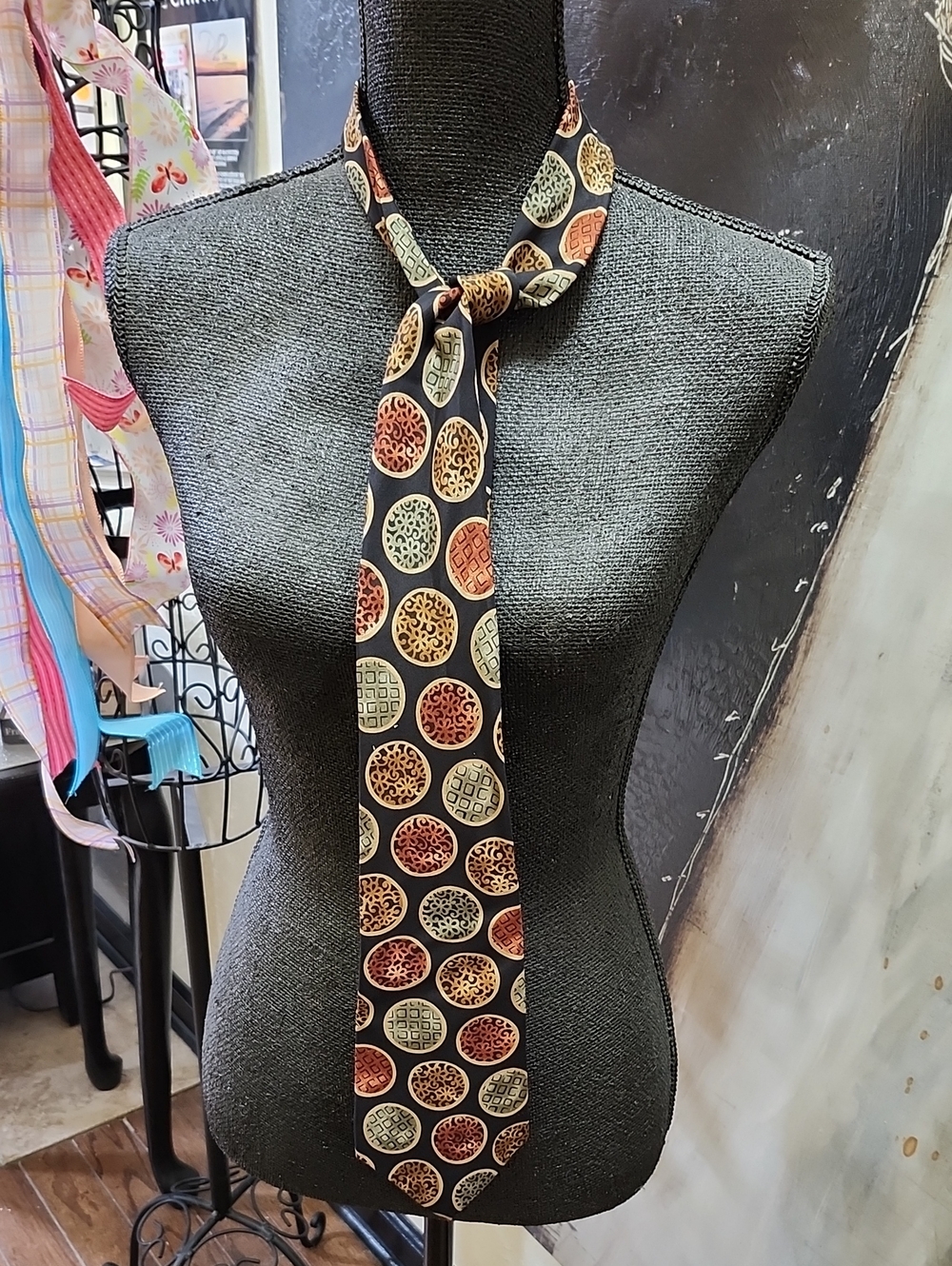 Vintage Perry Ellis Portfolio Green and Brown Circle Print Silk Tie.